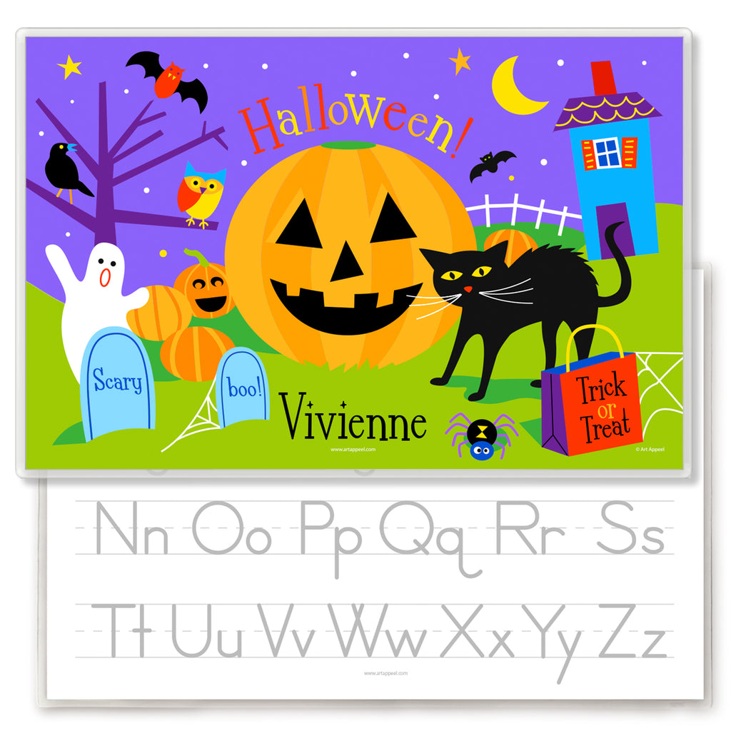 Image showing front and back of a Halloween place mat. Front is a happy jack-o-lantern in a night scene with a black cat, ghost, haunted house and is personalized with child name in  bottom . Back has alphabet letters for tracing.