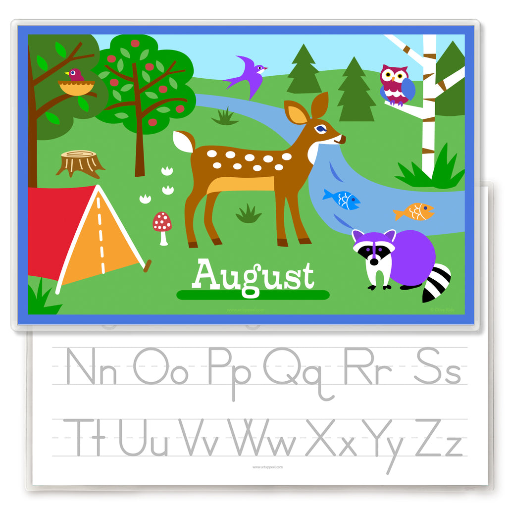 Camping Trip Personalized Kids Placemat with tent, deer, raccoon and animals in forest. Reverse side has alphabet letters for tracing.