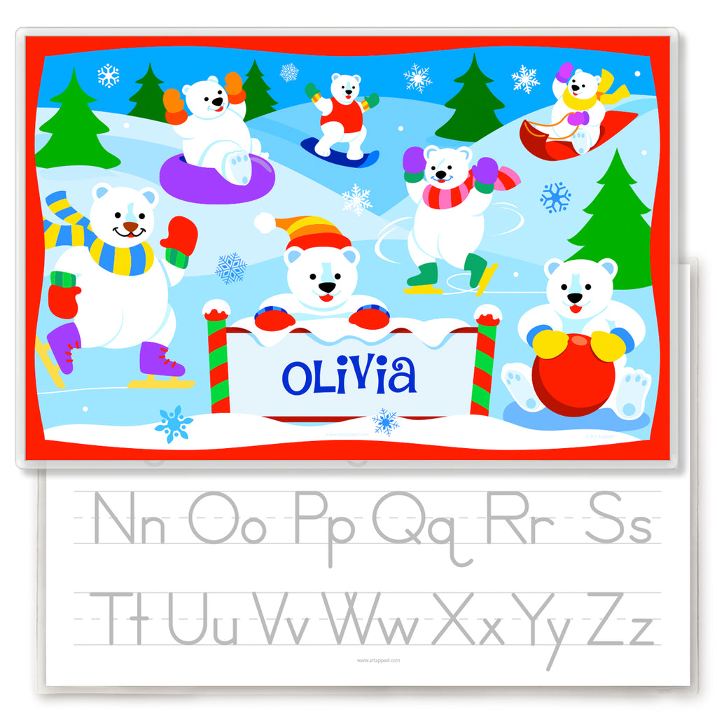 Kids personalized place mat of polar bears sledding, ice skating, and playing in the snow. Place mat is personalized with child name at the bottom center, with a polar bear peeking over it. Reverse side is alphabet letters for tracking.