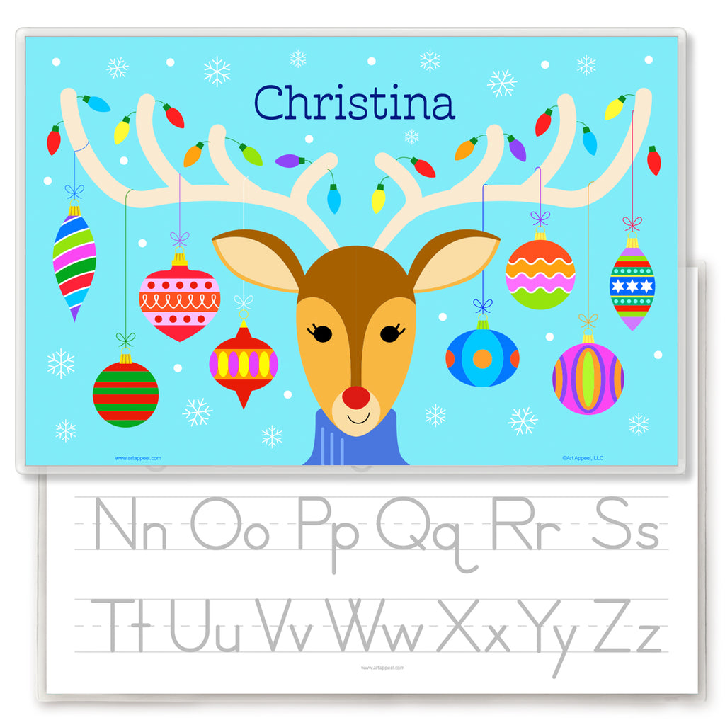 Personalized Christmas place mat with a portrait of a reindeer in a turtle neck sweater, with Christmas ornaments and Christmas lights on  antlers. Name is at the top. Placemat back has upper and lower case letters for tracing.