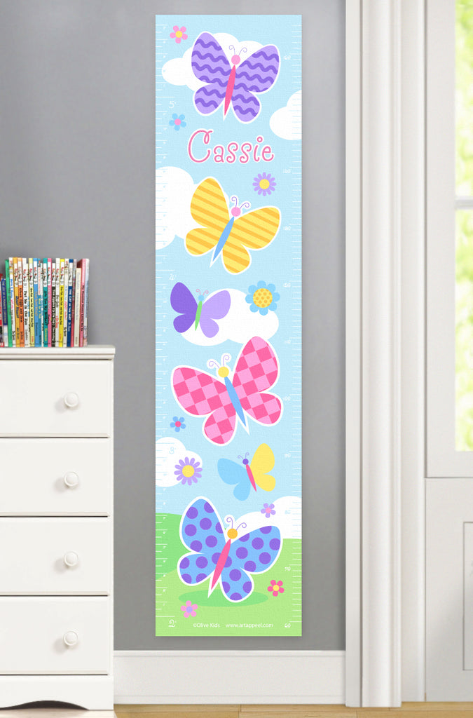 Colorfully patterned butterflies on a summery scene canvas growth chart