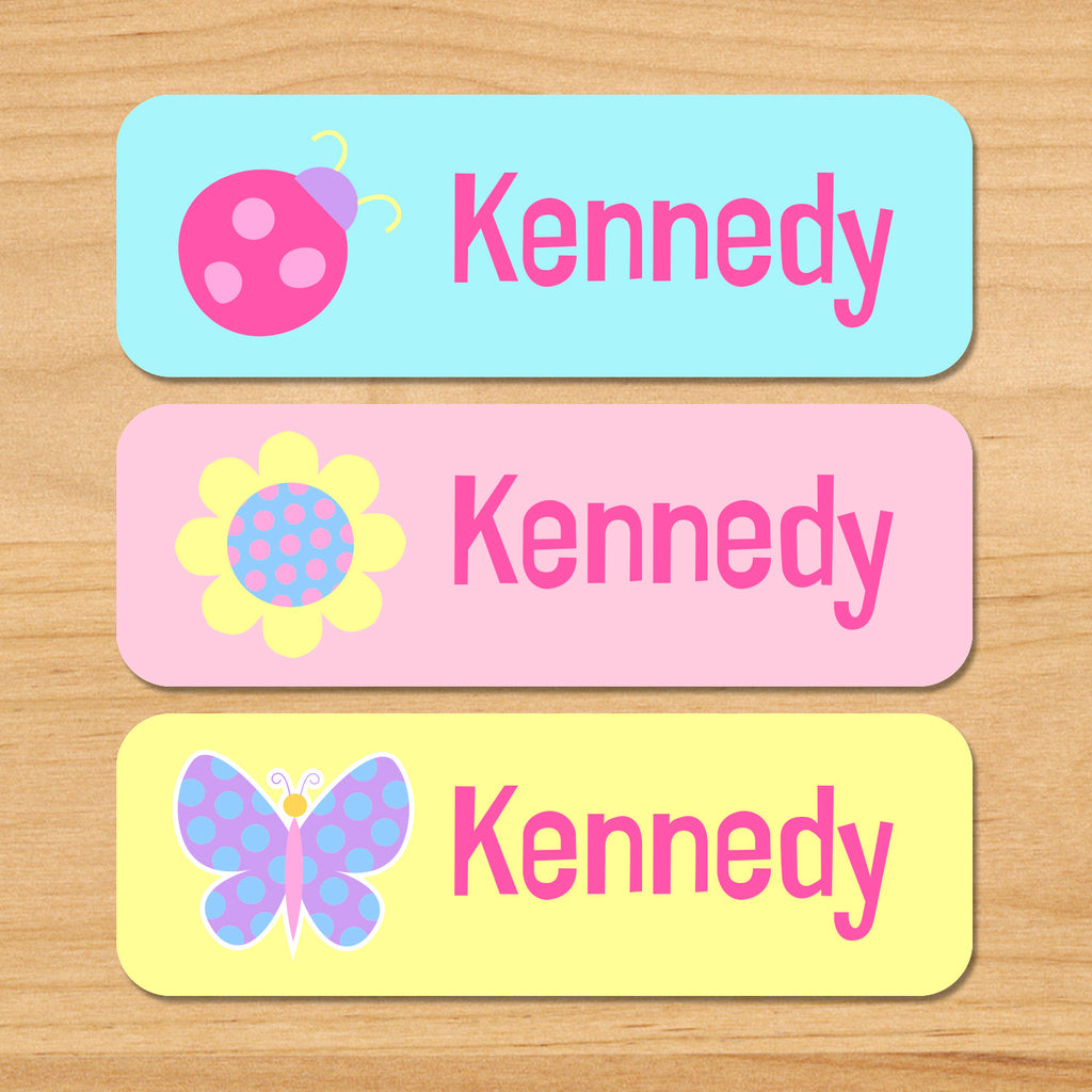 Butterfly garden kids personalized name waterproof labels with butterfly, flower, and ladybug in pastel colors