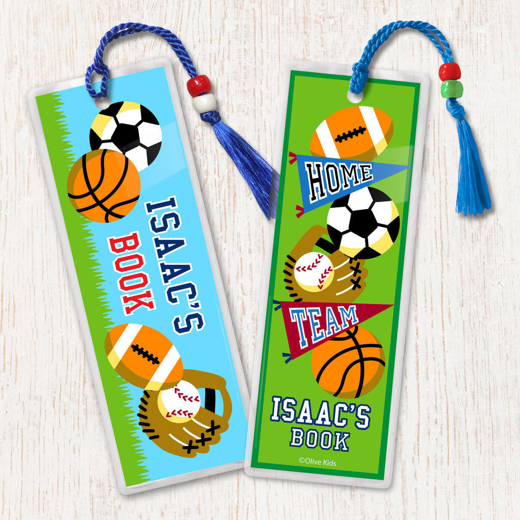 Personalized kids bookmarks with sports balls and pennant in bright colors, decorated with tassels and beads.