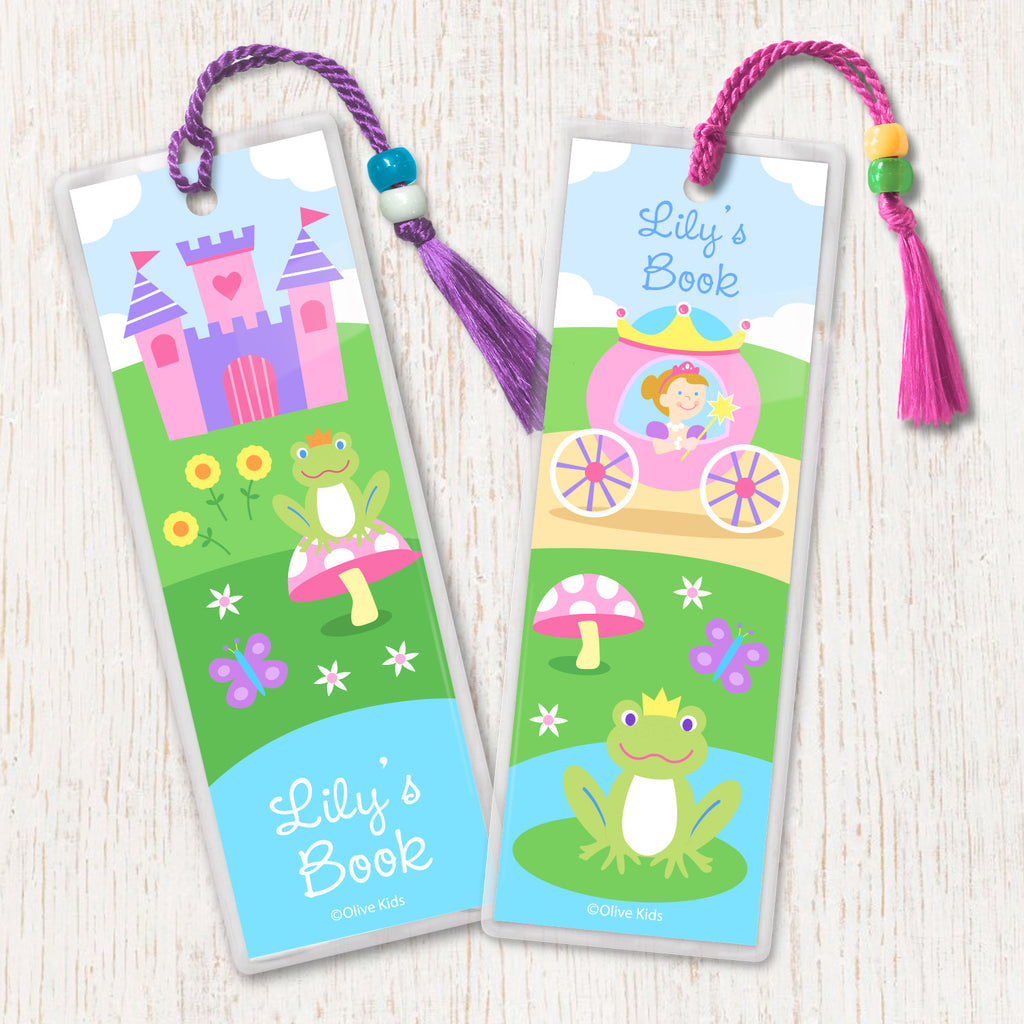 Personalized kids bookmark with princess in coach, and with castle in landscape, decorated with tassel and beads.