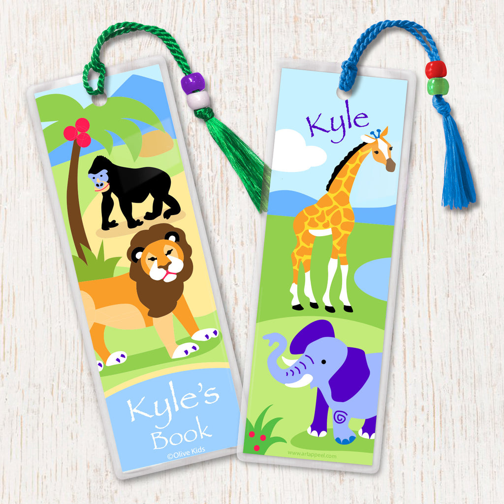 Kids personalized name bookmark with safari theme. Lion, elephant, giraffe and gorilla in landscape and decorated with tassel and beads.