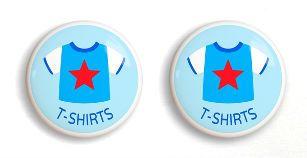 2 ceramic drawer knobs, boy's t-shirt on a light blue background with the word T-Shirts written below