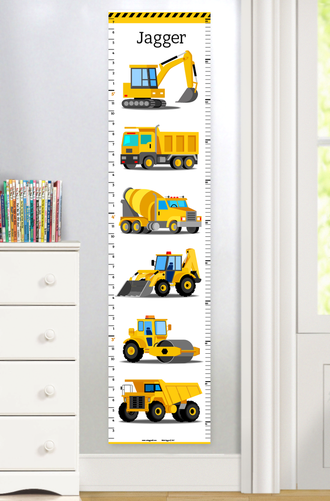 Construction Vehicles Personalized Kids Canvas Growth Chart