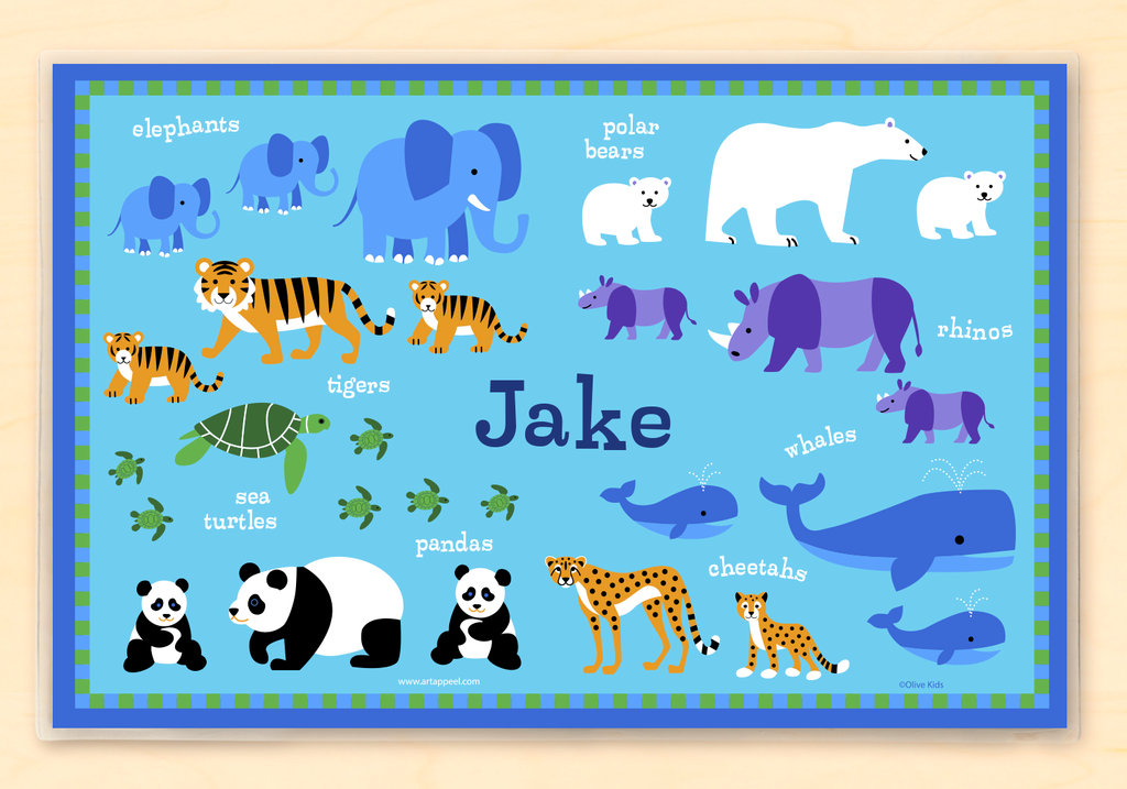 Endangered Animals Personalized Kids Placemat with elephants, pandas, tigers and other animals on blue background