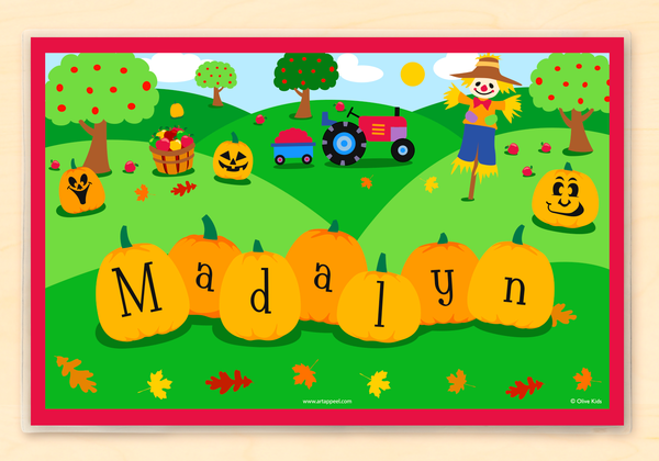 Fall Pumpkins Personalized Kids Placemat with pumpkins, scarecrow and tractor in autumn scene