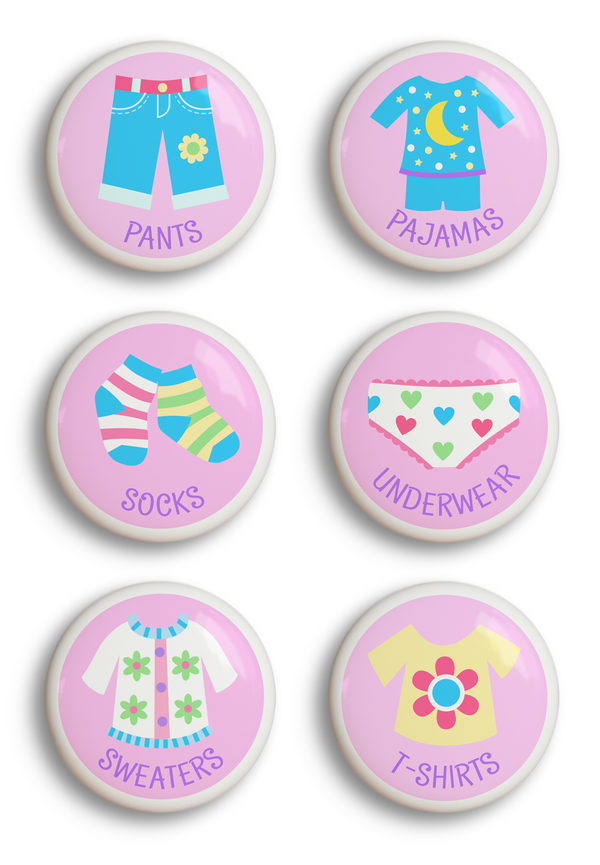 Girls ceramic drawer knob set of 6, one each of socks, underwear, pajamas, sweaters, t-shirts, and pants