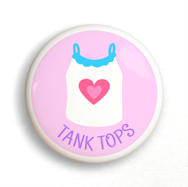 Ceramic drawer knob, girl's tank top on a pink background with the word Tank Tops written below