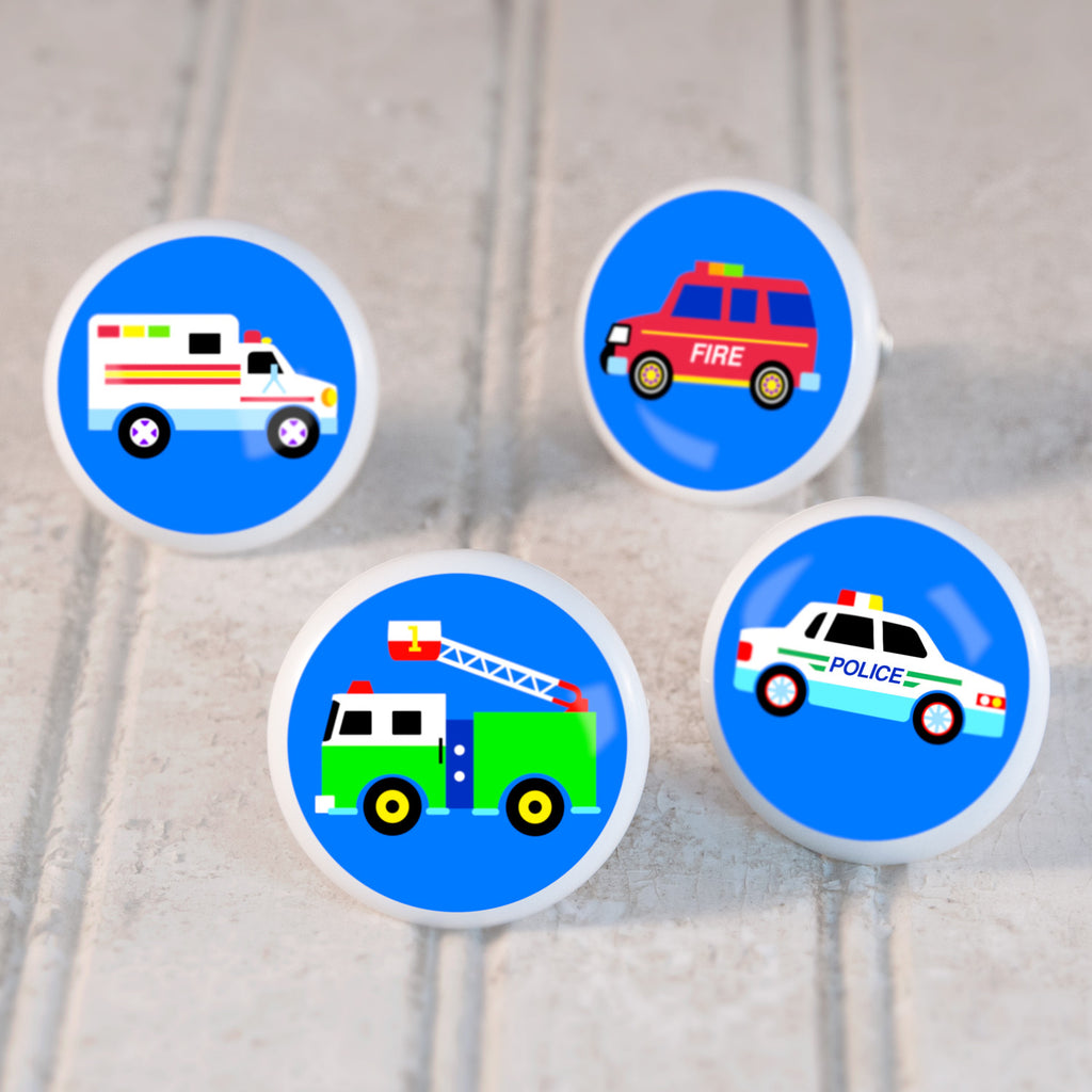 Heroes kids drawer knobs with fire engine, police car, ambulance, and emergency vehicles and heroes