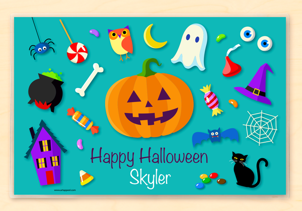 Jack O'lantern, black cat, Halloween Candy, witch's hat, cauldron and other Halloween icons on a blue green background and personalized with child's name.