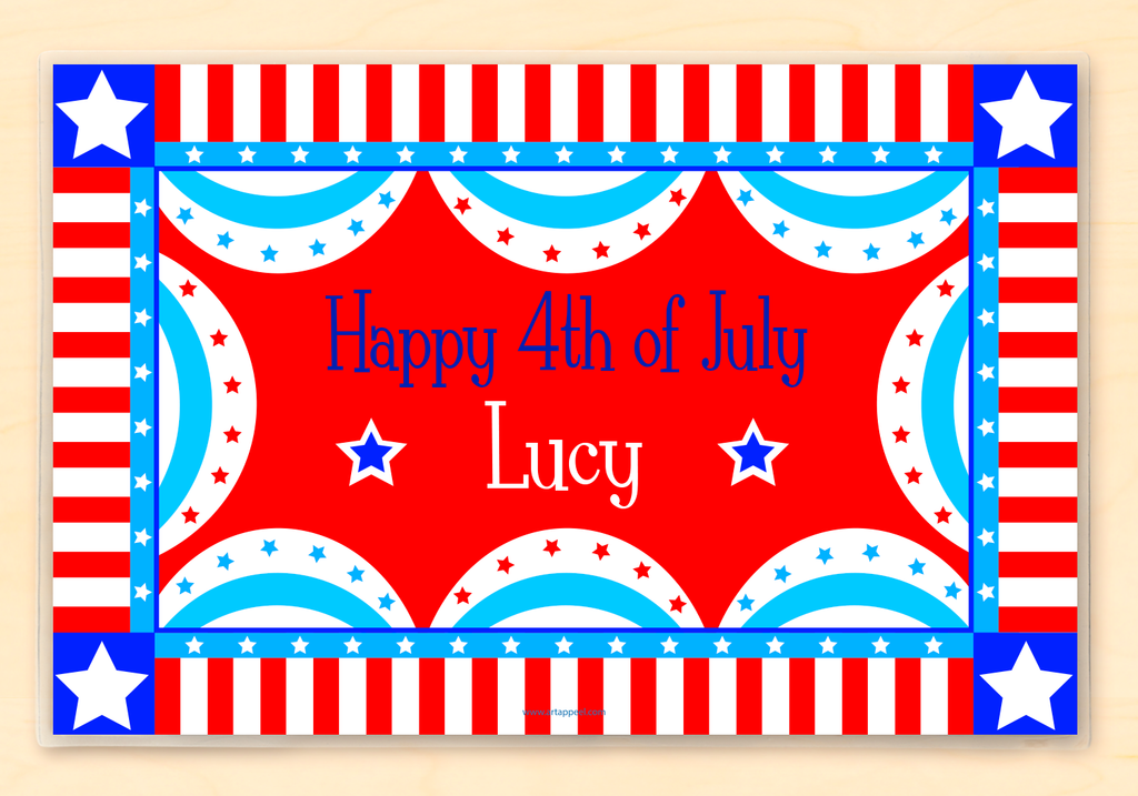Red, white and blue patriotic buntings surround a Happy 4th of July wish, personalized with name on a red background.