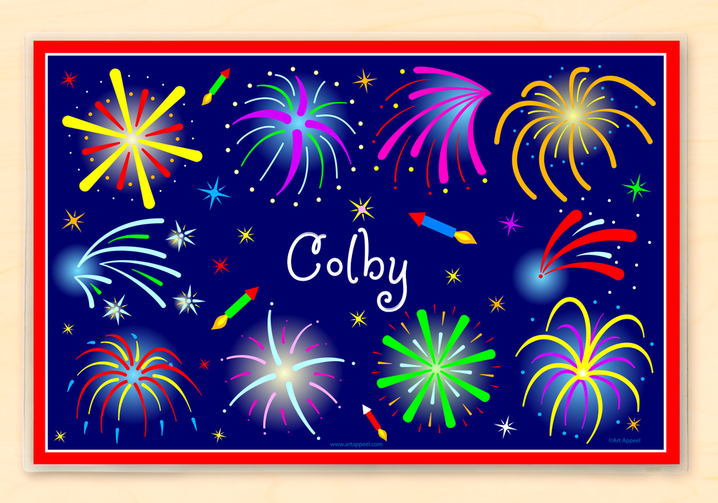 Personalized Kids Placemat with colorful fireworks against night sky