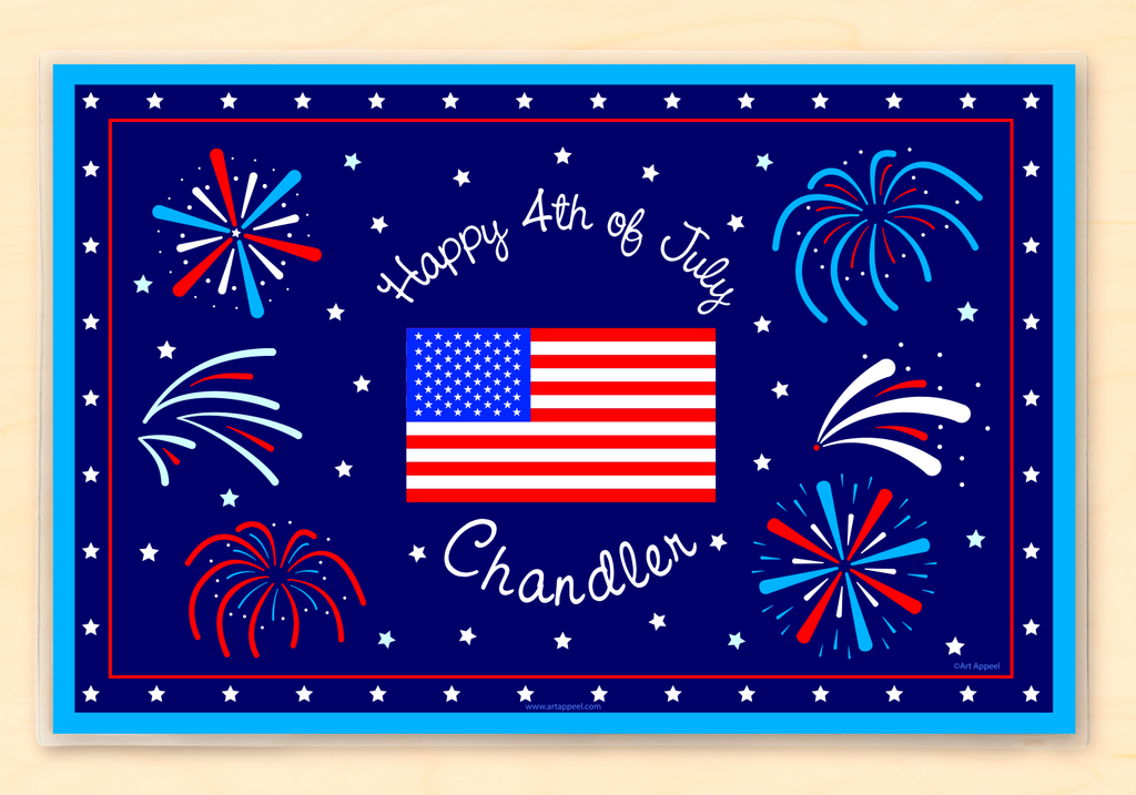 Patriotic Fourth of July Personalized Kids Placemat with American flag surrounded by fireworks