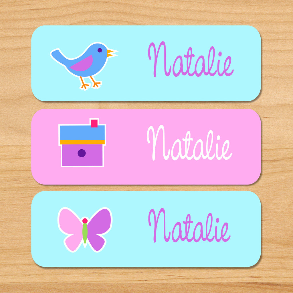 Birdie personalized kids waterproof name labels with bird, birdhouse, and butterfly in blue, pink and purple