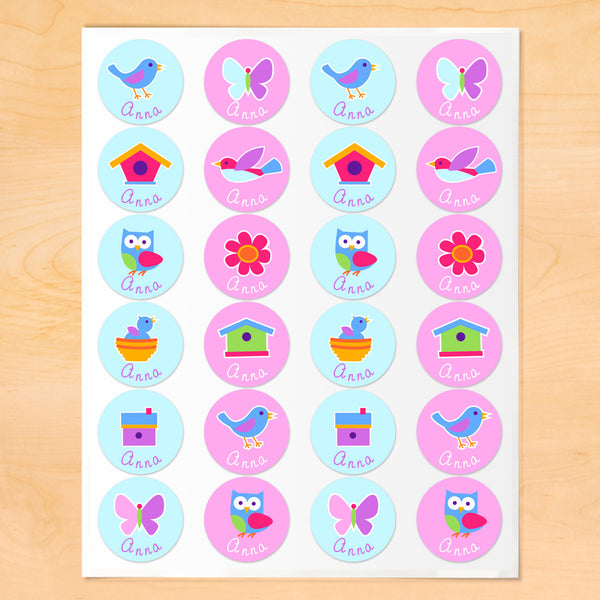Personalized round lables with birds, birdhouses and bird nests on light blue and pink backgrounds
