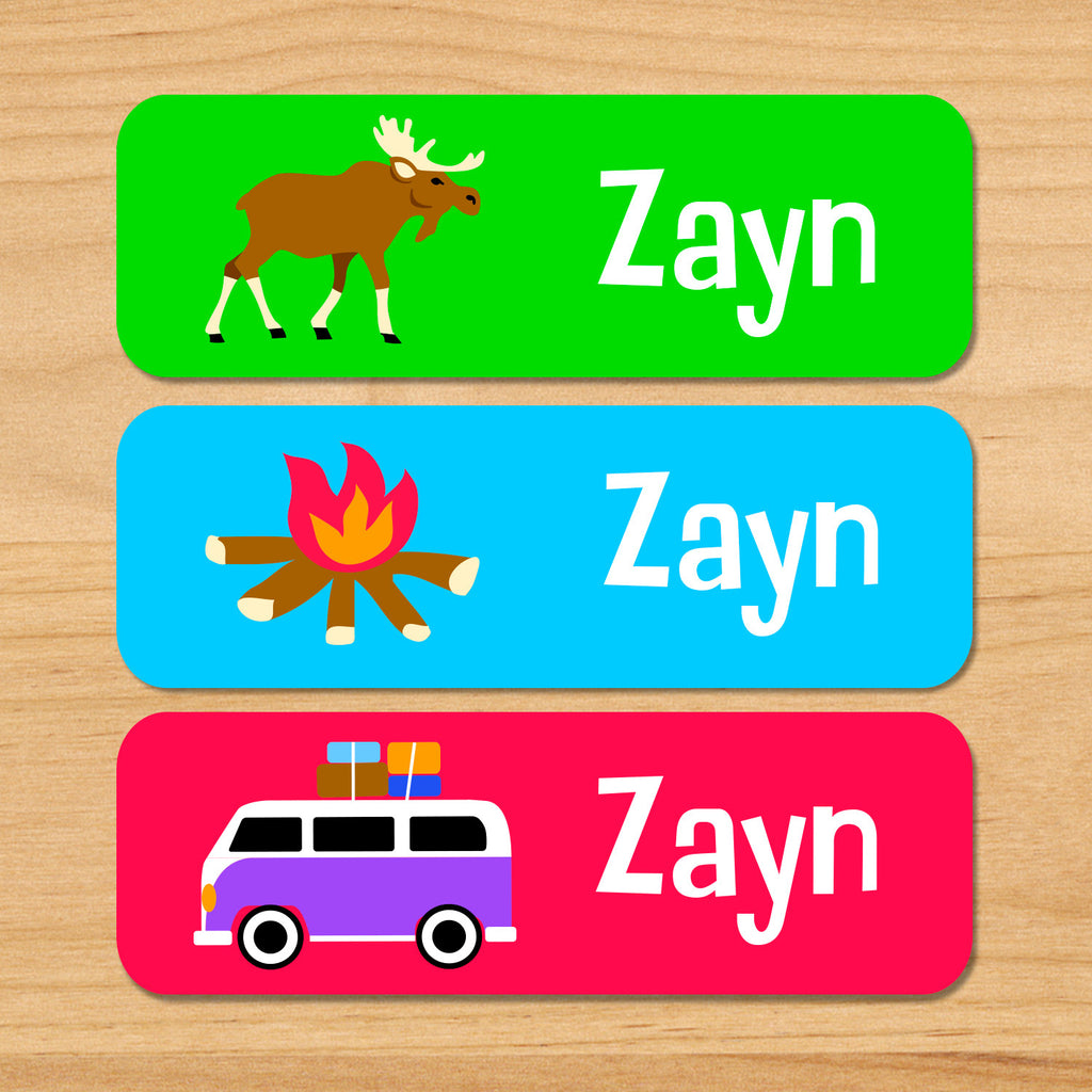 Kids personalized camping waterproof name labels with hippie van, campfire, and moose in green, blue, and red