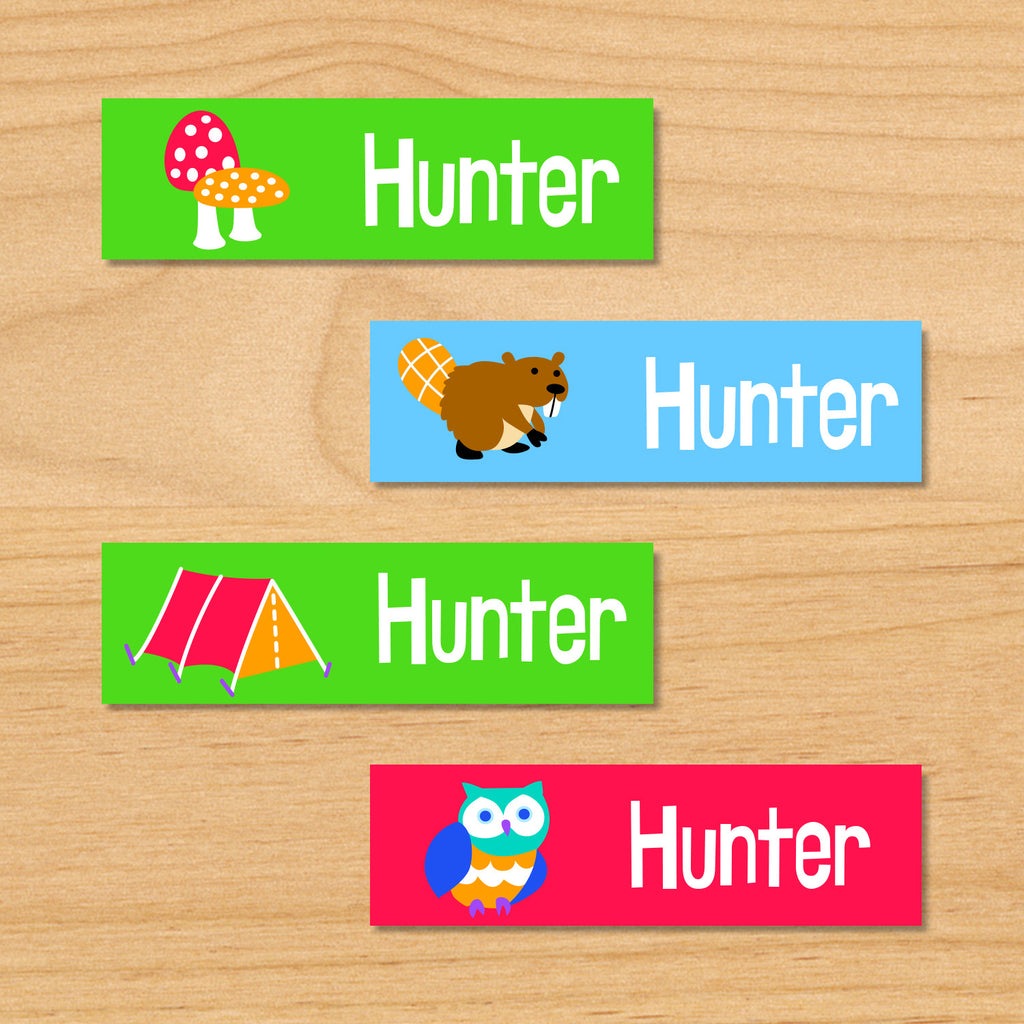 Camping trip kids personalized waterproof labels woods adventured themed with name, mushrooms, beaver, tent, and owl on green, blue and red background