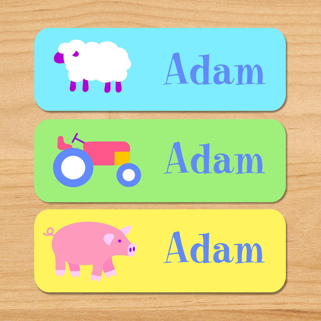Country baby kids waterproof name labels with farm animals featuring a sheep, pig and tractor in pastel colors and a spring theme