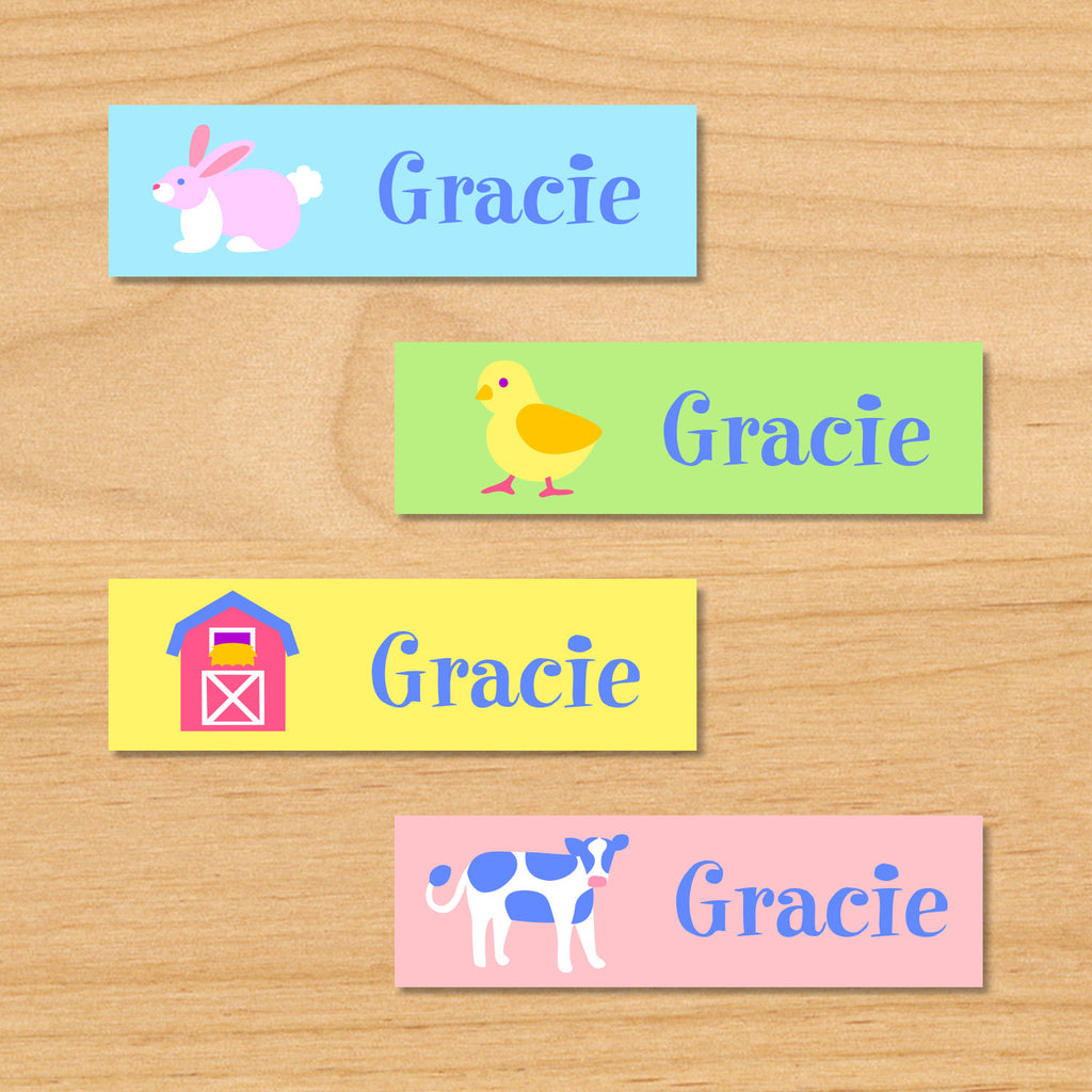 Country baby kids waterproof mini name labels with farm animals featuring a bunny rabbit, chick, barn, and cow in pastel colors and a spring theme