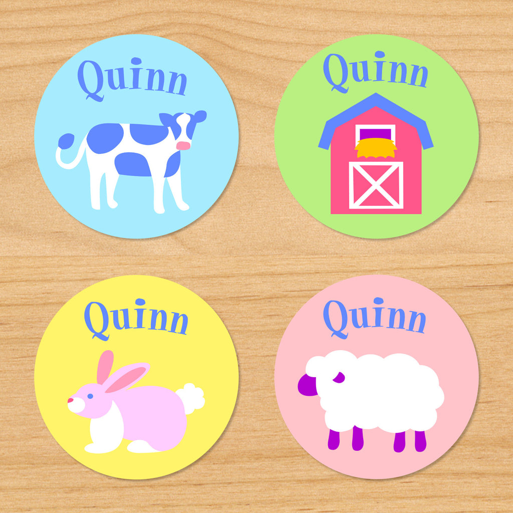 Country baby kids waterproof round name labels with farm animals featuring a bunny rabbit, cow, barn, and sheep in pastel colors and a spring nursery theme
