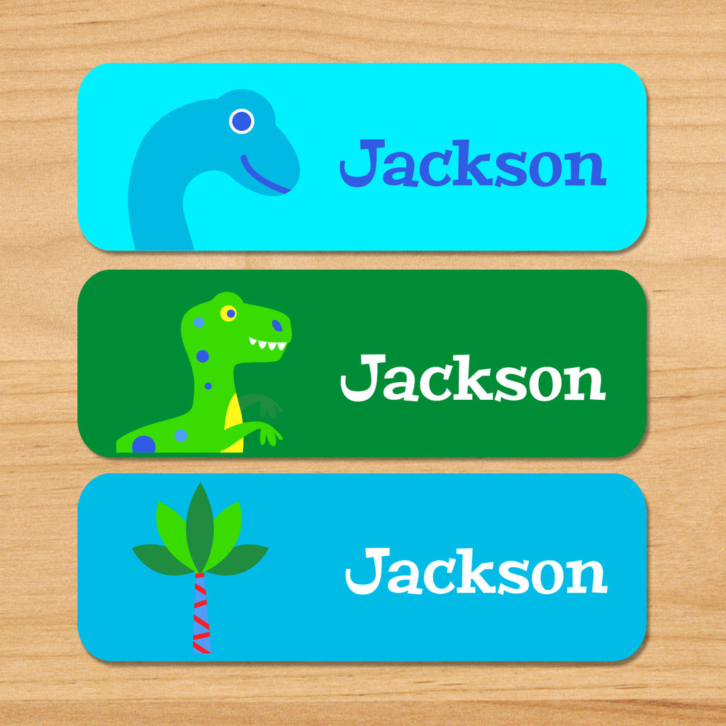 Dinosaur personalized waterproof kids name labels with green and blue t-rex and palm tree