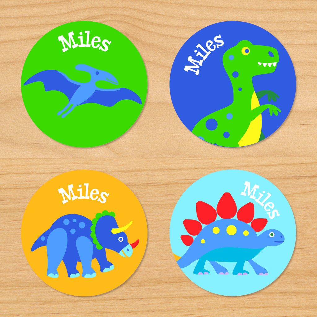 Round Waterproof Labels featuring colorful Dinosaurs