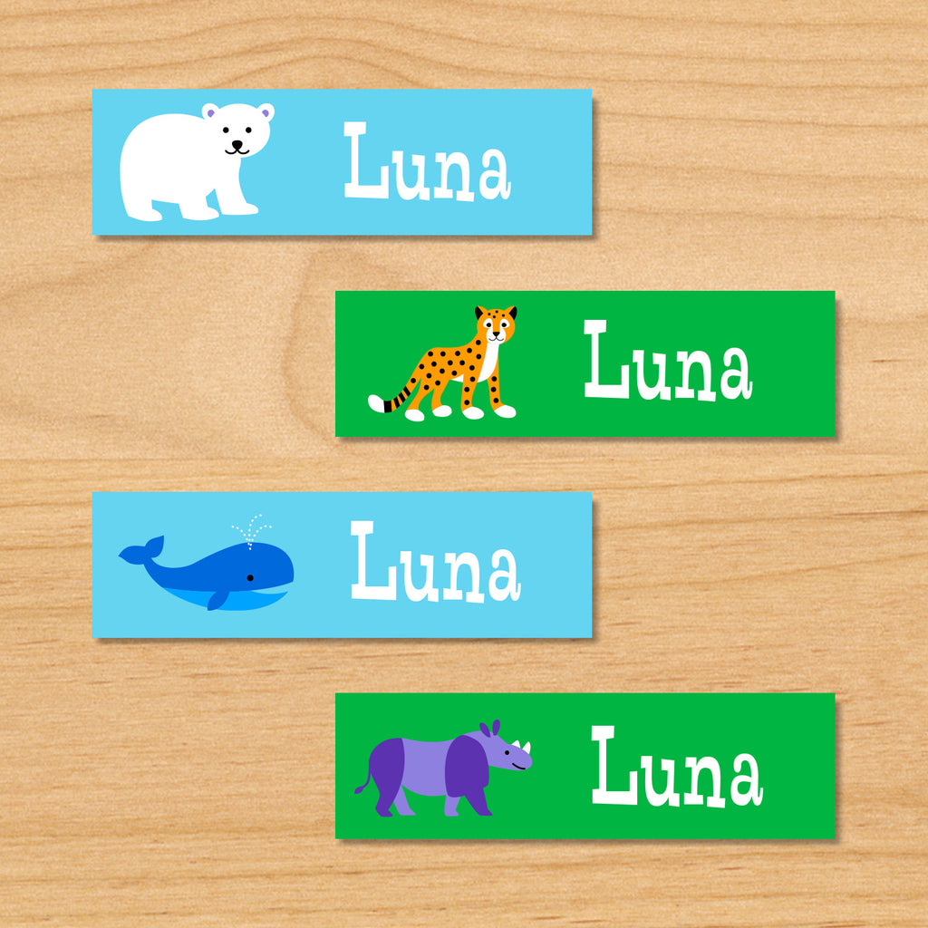 Endangered animals kids waterproof mini name labels with polar bear, cheetah, whale, and rhino on green and blue backgrounds