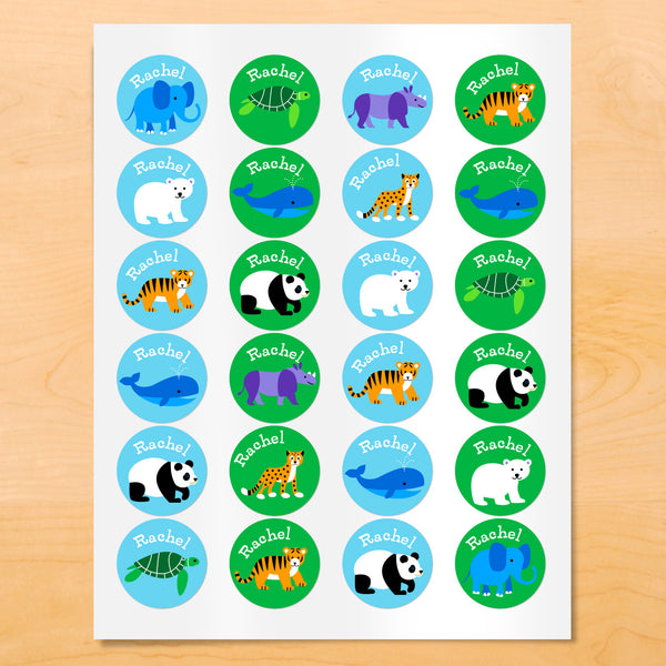 Personalized kids round lables with pandas, whales, polar bears and other animals on blue and green backgrounds