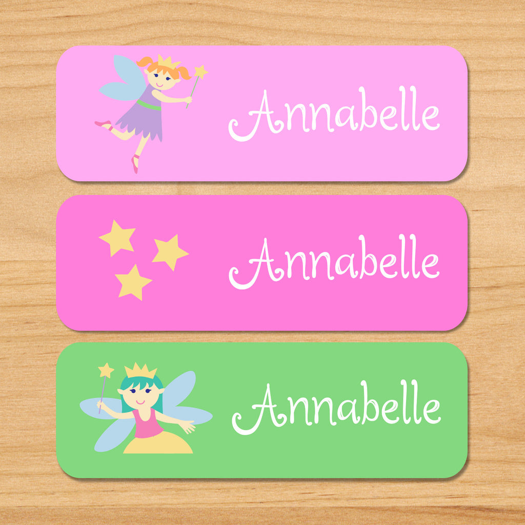 Fairy princess personalized kids waterproof name labels with pastel fairies and gold stars on pink and green