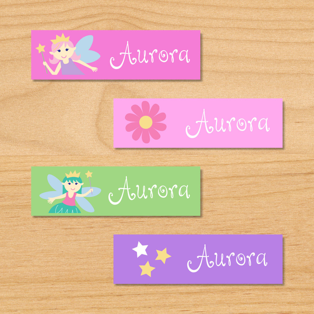 Fairy princess personalized kids mini waterproof name labels with pastel fairies, flowers, and gold stars on pink, purple and green backgrounds
