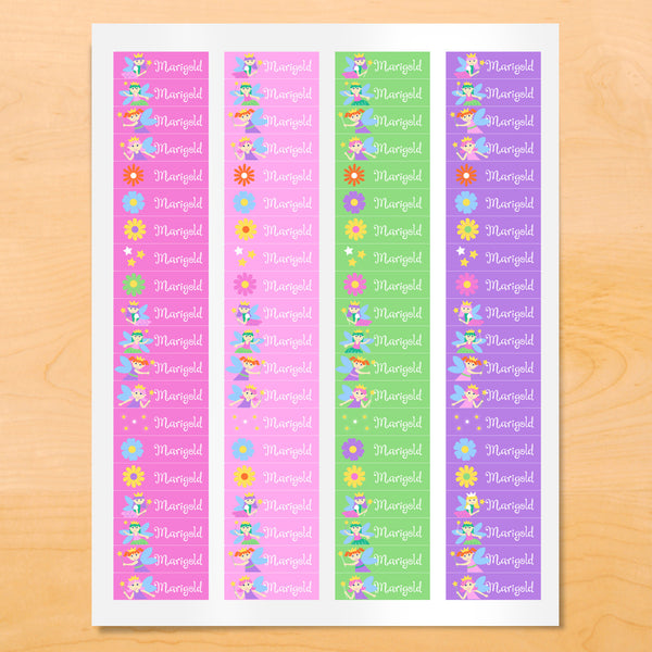Personalized kids mini lables with fairies and flowers on softly colored pink, green and purple backgrounds