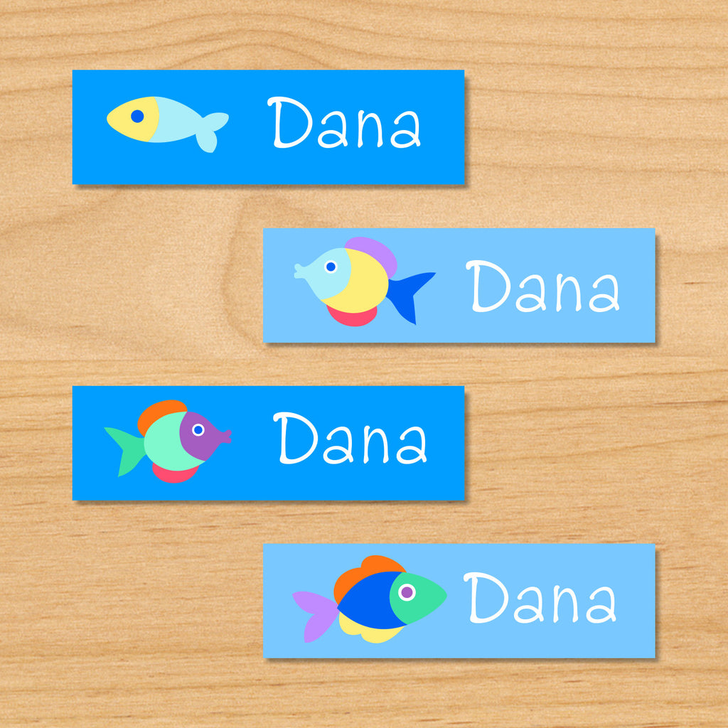 Somethin' fishy personalized ocean kids mini waterproof labels with name and colorful fish on blue ocean water background