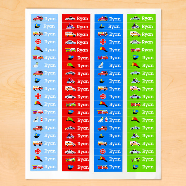 Personalized kids mini lables with fire trucks, rescue vehicles and gear on brightly colored backgrounds