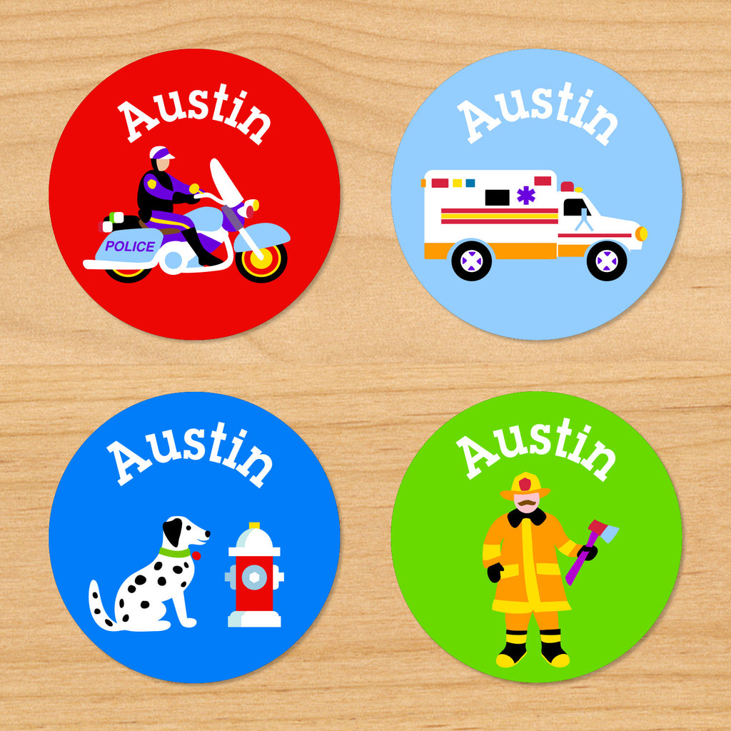 Heroes personalized kids round waterproof labels with name, ambulance, dalmatian, firefighter, and motorcycle cop on blue, red, and green backgrounds