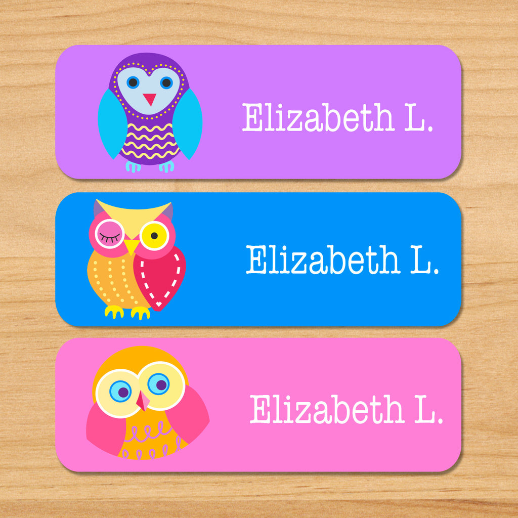 Owls personalized kids name waterproof labels with colorful owls on pink, purple and blue backgrounds