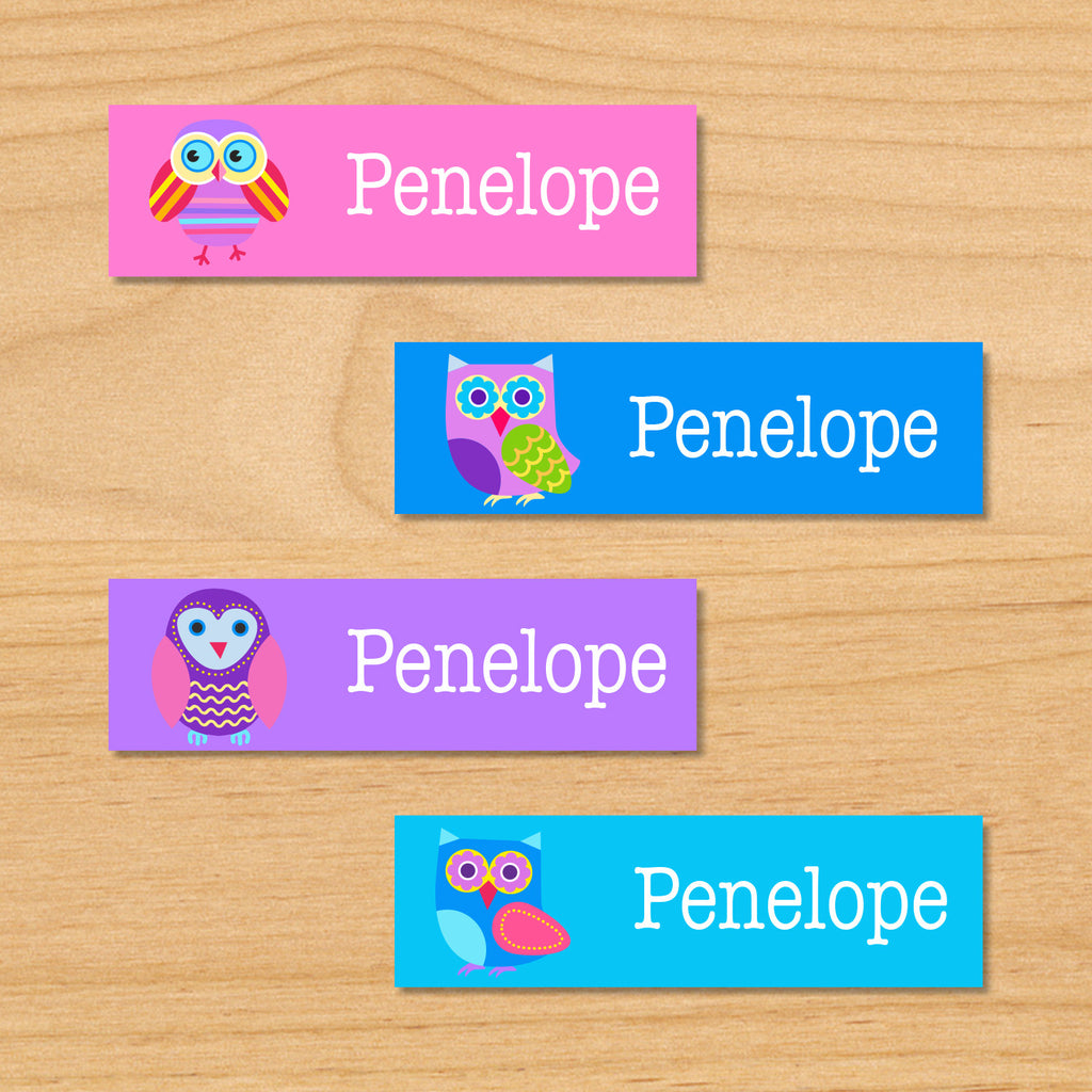 Owls personalized kids mini name waterproof labels with colorful owls on pink, purple and blue backgrounds