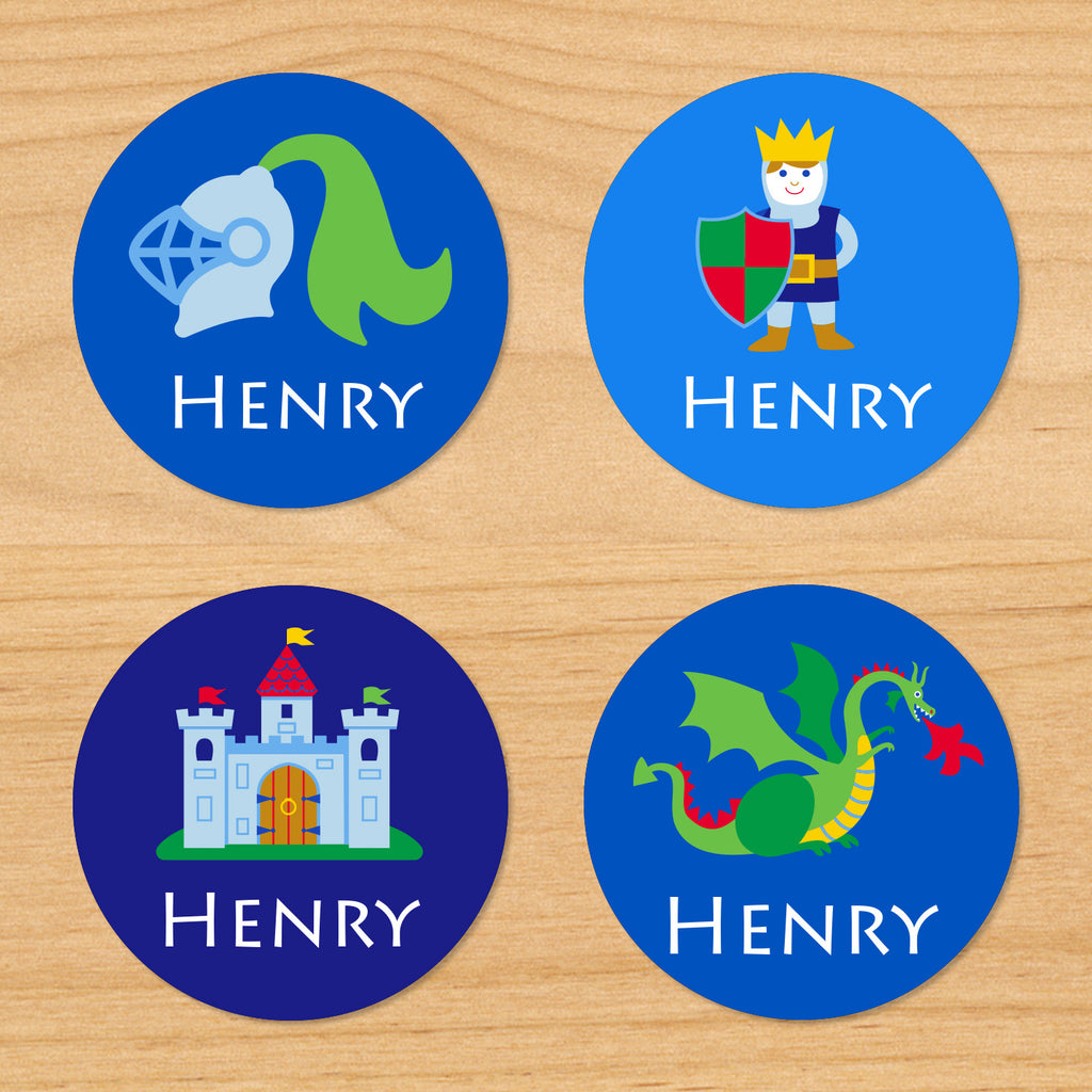 Set of 24 Good Knight kids personalized day care round waterproof labels with knights, dragon, castle, and helmet