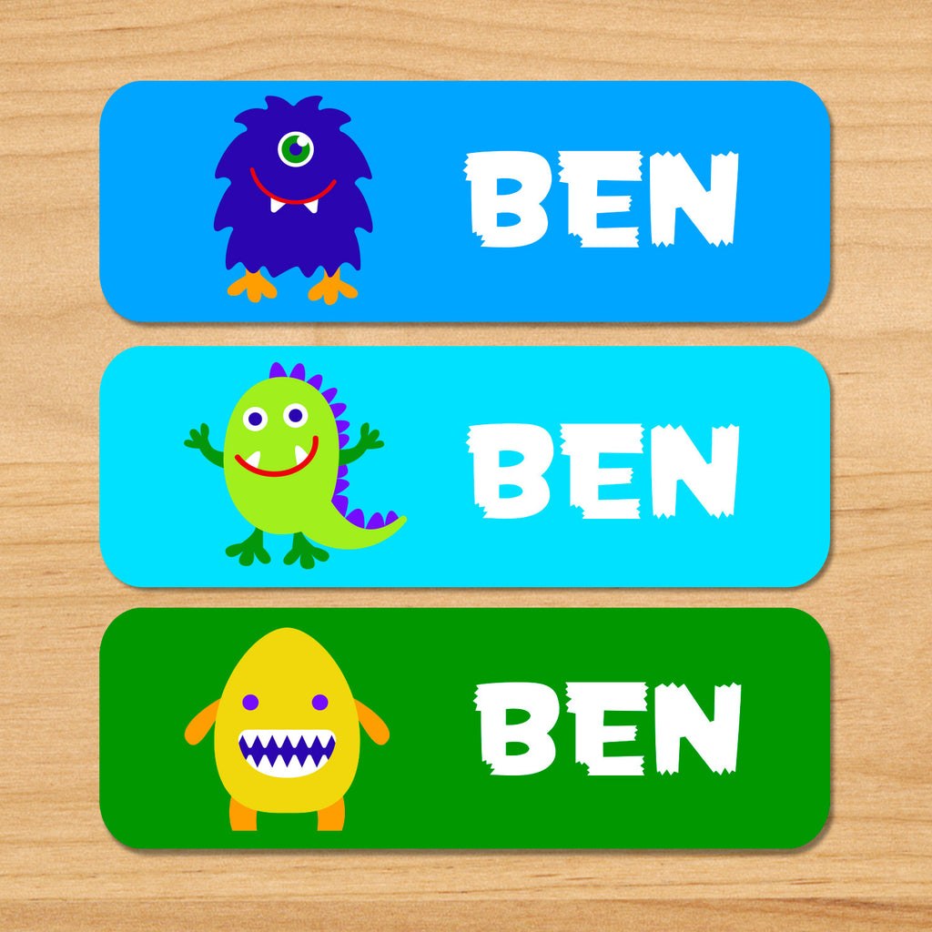 Monsters personalized kids name labels with green, blue and yellow monsters