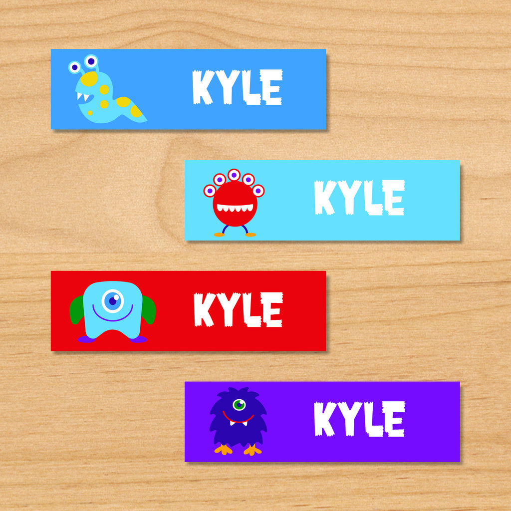 Monsters personalized kids mini name labels with colorful monsters on red, blue and purple backgrounds