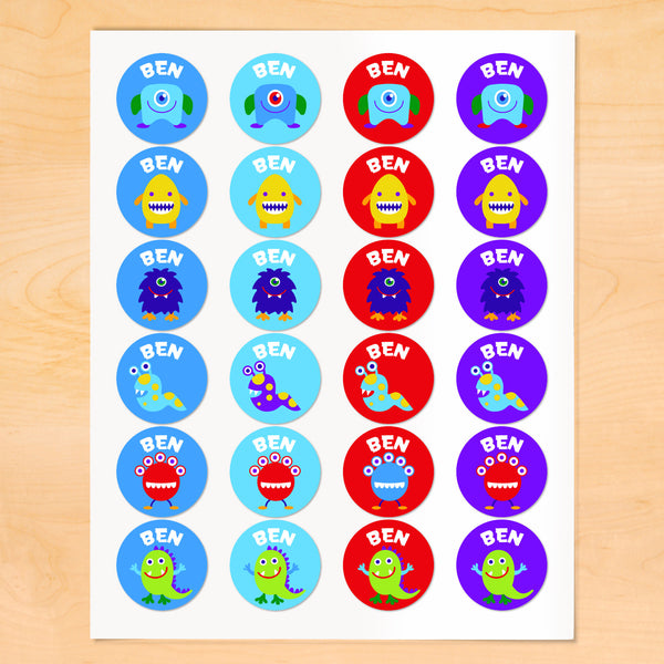 Personalized kids round lables with friendly monsters on colorful backgrounds