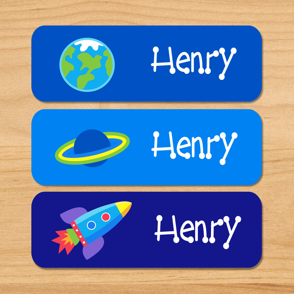 Out of this world space kids personalized waterproof name labels with earth, planet, and spaceship on blue space background