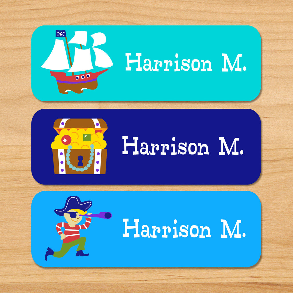 Pirates personalized kids name waterproof labels with pirate ship, treasure chest, little pirate on blue ocean background