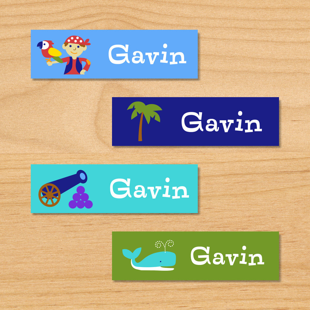 Pirates personalized kids name mini waterproof labels with little pirate, palm tree, cannon, and whale on blue and green ocean beach background