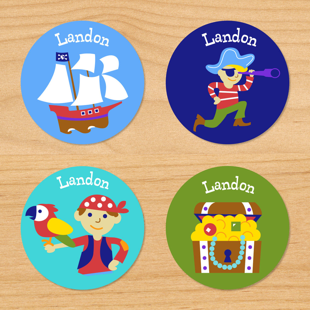 Pirates personalized kids boys name round waterproof labels with little pirate, treasure chest, pirateship and parrot on blue and green ocean beach background