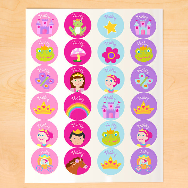 Personalized kids Princess themed round labels with princess, horses, rainbows, crowns, on pink and purple backgrounds