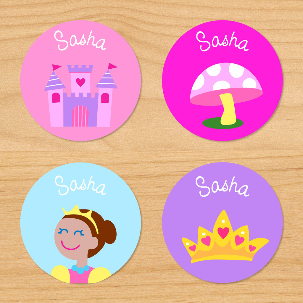 Princess dark skin kids girls round personalized name waterproof labels with princess, castle, toadstool and crown on pink, blue and purple backgrounds