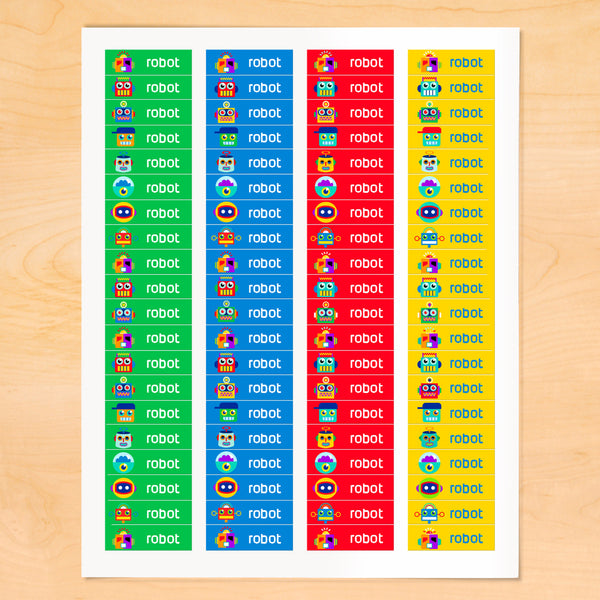 Personalized kids mini labels with colorful robots on green, blue and red backgroundsbackgrounds